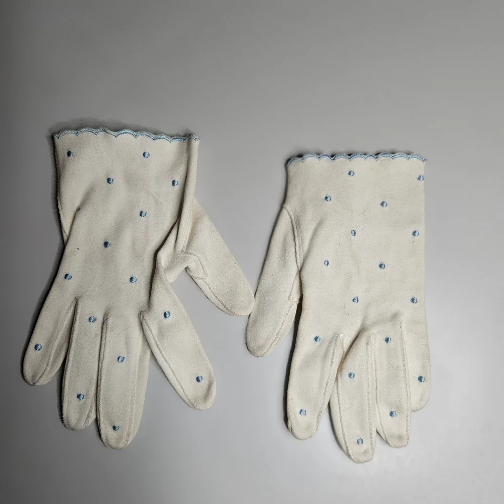 Viola Weinberger Vintage White Cotton Gloves Blue Polka Dot Western Germany 6.5
